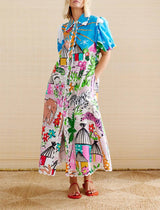 Graphic Print Button-Down Maxi Dress: MULTI / M
