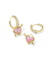 Ari Heart Arrow Gold Convertible Huggie Earrings in Pink view 2
