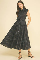 FLORAL BUTTON DOWN MIDI DRESS - 5959DB: BLACK MULTI / L