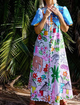 Graphic Print Button-Down Maxi Dress: MULTI / M