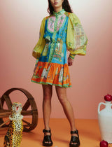 Balloon Sleeve Print Mini Dress: MULTI / M