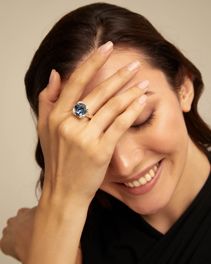 Uno De 50 - Sterling Silver-plated Ring with Blue Crystal