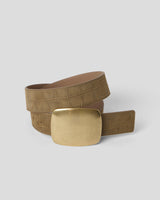 B-Low The Belt Leighton Croco Suede Belt in Dk. Moss Brass, coiled