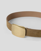 B-Low The Belt Leighton Croco Suede Belt in Dk. Moss Brass, buckle detail