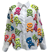 White neon skull and crossbones button-up top