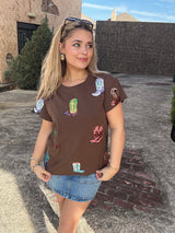 Queen of Sparkles - Tops - Brown Multi Cowboy Boot Tee