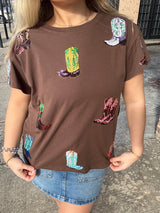 Queen of Sparkles - Tops - Brown Multi Cowboy Boot Tee