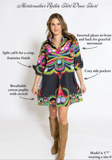 Ruthie Short Shirt Dress in Merriweather by House of MBR, front view with feature callouts