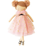 Cloth ballerina doll with fair skin, strawberry blonde yarn hair in two pom-pom buns, wearing a pink tulle dress with gold.