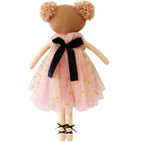 Fair-skinned ballerina doll with strawberry blonde yarn hair in pom-poms, pink starry dress, black bow, and ballet shoes.