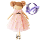 48cm fabric ballerina doll with strawberry blonde yarn hair in puffy pigtails, pink star-patterned tulle dress, and black.