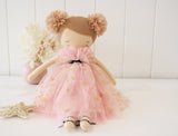48cm soft fabric ballerina doll with fair skin, strawberry blonde hair in pom-poms, pink tulle dress with gold hearts, and.