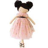Soft fabric ballerina doll with brunette pom-pom hair, pink star-patterned tulle dress, and black ballet shoes.