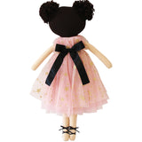 48cm soft fabric ballerina doll with fair skin, brunette yarn hair in two puffs, pink star-print tutu dress, black ribbon.