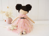 48cm fabric ballerina doll with brown hair in pom-poms, wearing a pink tulle dress with gold stars and black ribbon waistband.