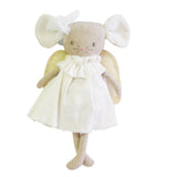 Ivory fabric mouse doll with gold wings, white dress, and bow on ear.