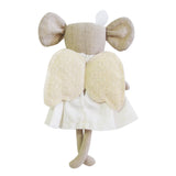 Ivory fabric angel mouse doll with gold glitter wings and white dress, 25cm tall, back view.