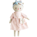 Soft linen cat doll wearing pink dress, floral headband, and small crossbody bag, 26cm tall.