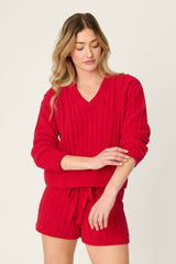 P.J. Salvage Cozy Chenille Cable Knit Red V-Neck Sweater in Jester Red