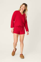 P.J. Salvage Cozy Chenille Cable Knit Red V-Neck Sweater in Jester Red