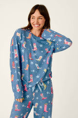 P.J. Salvage Howdy Holidays Cowboy Boots & Star Print Long Sleeve Top in Steel Blue