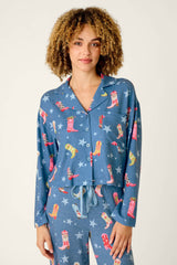 P.J. Salvage Howdy Holidays Cowboy Boots & Star Print Button Front Top in Steel Blue