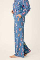 P.J. Salvage Howdy Holidays Cowboy Boots & Star Print Pajama Pants in Steel Blue