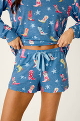 P.J. Salvage Howdy Holidays Cowboy Boots & Star Print Pajama Shorts in Steel Blue