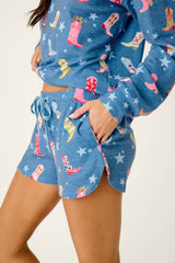 P.J. Salvage Howdy Holidays Cowboy Boots & Star Print Pajama Shorts in Steel Blue