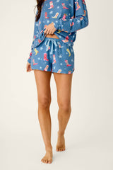 P.J. Salvage Howdy Holidays Cowboy Boots & Star Print Pajama Shorts in Steel Blue