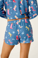 P.J. Salvage Howdy Holidays Cowboy Boots & Star Print Pajama Shorts in Steel Blue