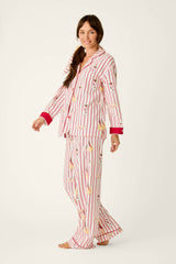 P.J. Salvage Martinis & Mistletoe Cocktail Print Flannel 3-Piece PJ Set in Lipstick
