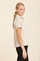 Faux Suede Ruffle Collar V-Neck Top in Beige by Dolce Cabo, view 2