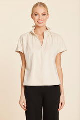 Faux Suede Ruffle Collar V-Neck Top in Beige by Dolce Cabo, view 1