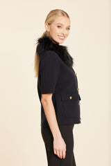 Faux Fur Trim Cardigan in Black by Dolce Cabo, view 2