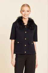 Faux Fur Trim Cardigan in Black by Dolce Cabo, view 1