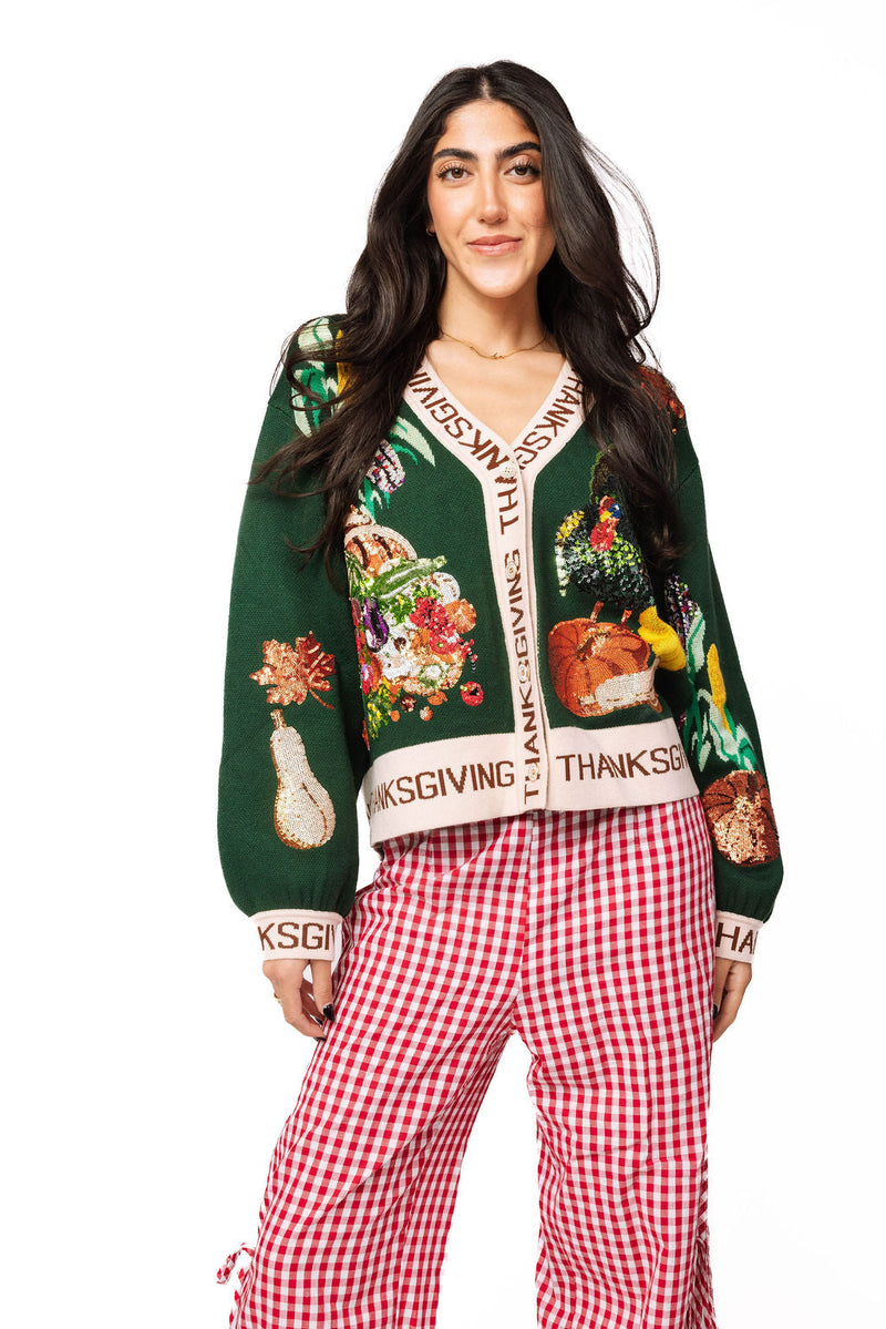 Queen of Sparkles - Dark Green ?Thanksgiving’ Button Cardigan