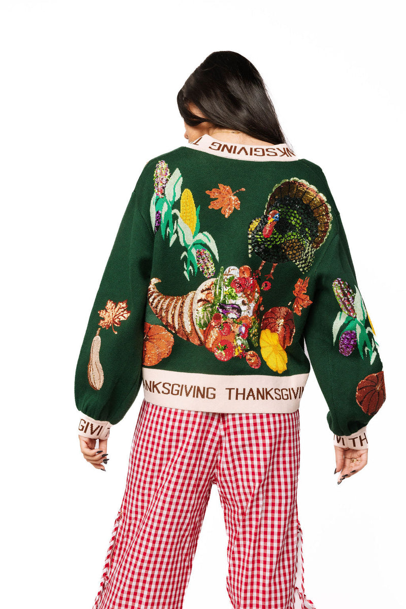 Queen of Sparkles - Dark Green ?Thanksgiving’ Button Cardigan