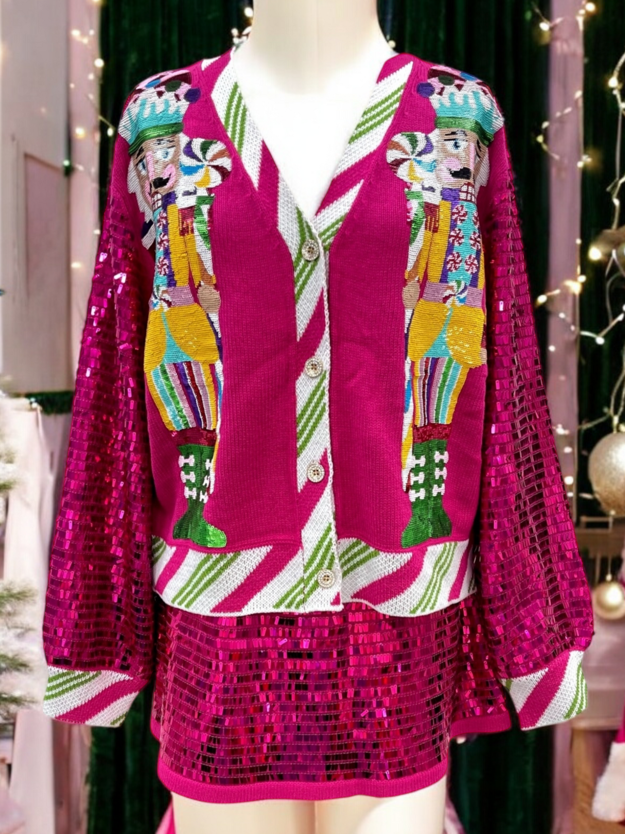 Hot Pink Peppermint Nutcracker Shard Sequin Sleeve Cardigan