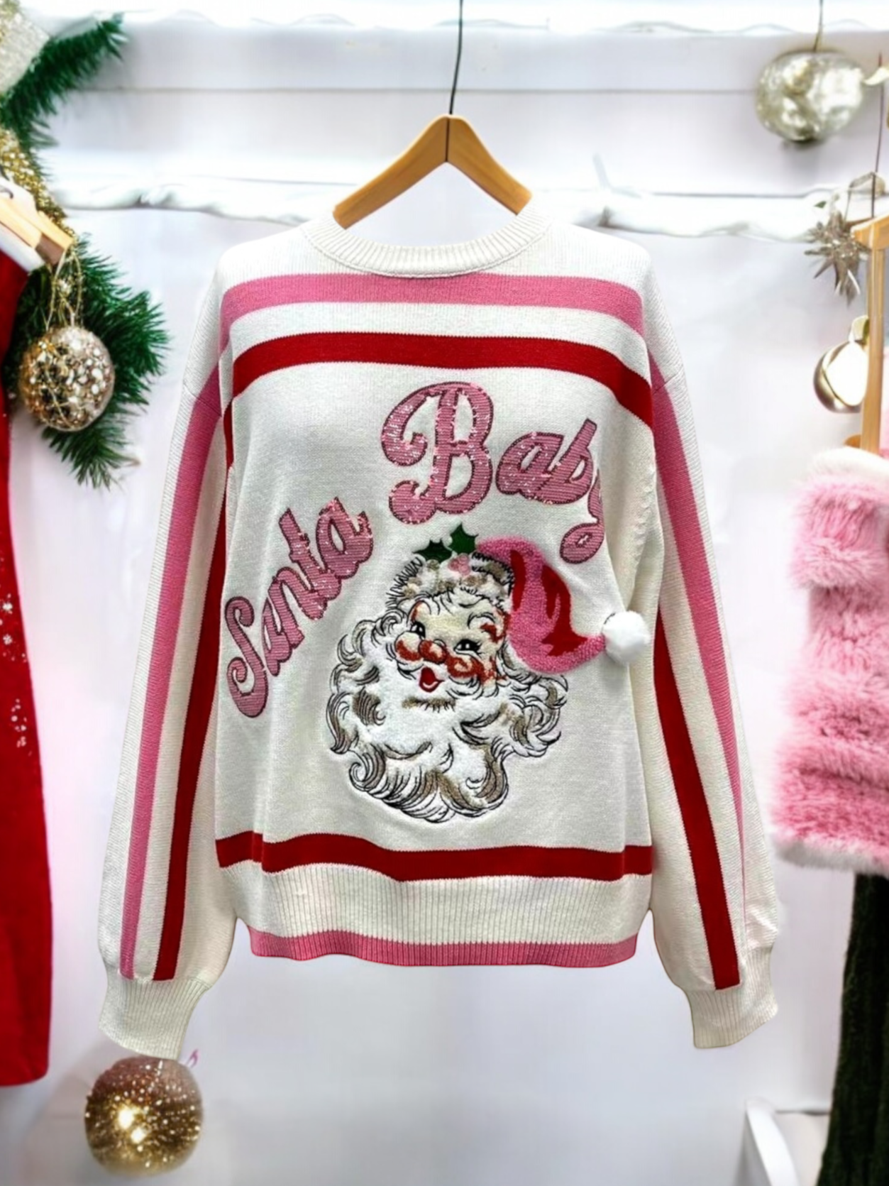 Red, Pink & White Stripe 'Santa Baby' Fuzzy Santa Sweater – Julien's a ...