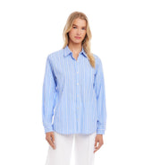 Long Sleeve Stripe Button-Up Shirt: Blue / S