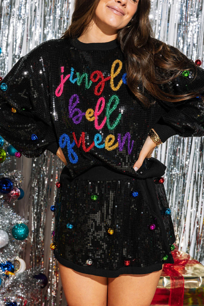 Queen of Sparkles - Sweater - Black Full Sequin Jingle Bell