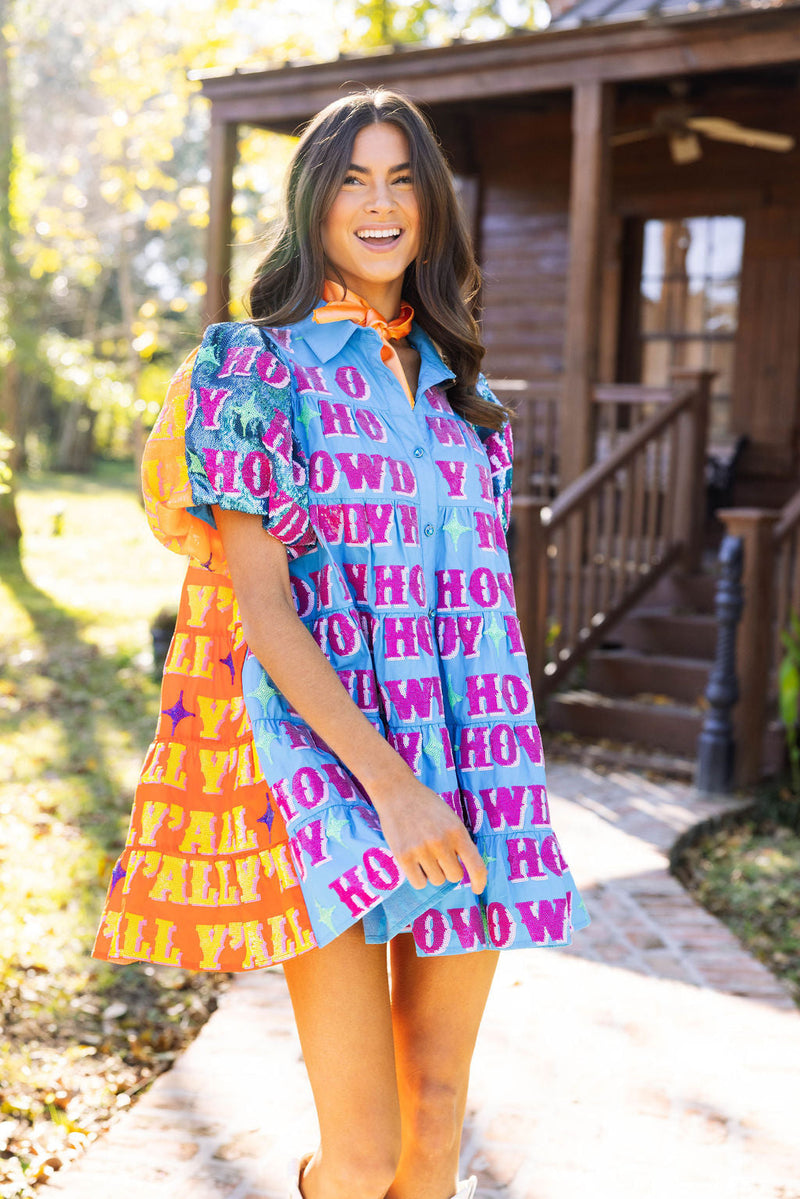 Queen of Sparkles - Blue & Orange Sequin Sleeve Howdy