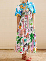 Graphic Print Button-Down Maxi Dress: MULTI / M