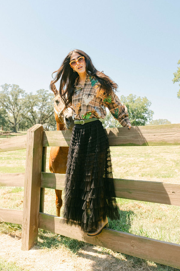 Queen of Sparkles - Brown Plaid Multi Deer Head Button Up