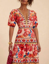 Floral Print Long Dress with Puff Sleeves: FLOWERY / L