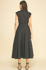 FLORAL BUTTON DOWN MIDI DRESS - 5959DB: BLACK MULTI / L