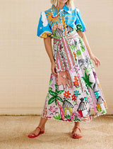 Graphic Print Button-Down Maxi Dress: MULTI / M