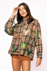 Queen of Sparkles - Brown Plaid Multi Deer Head Button Up