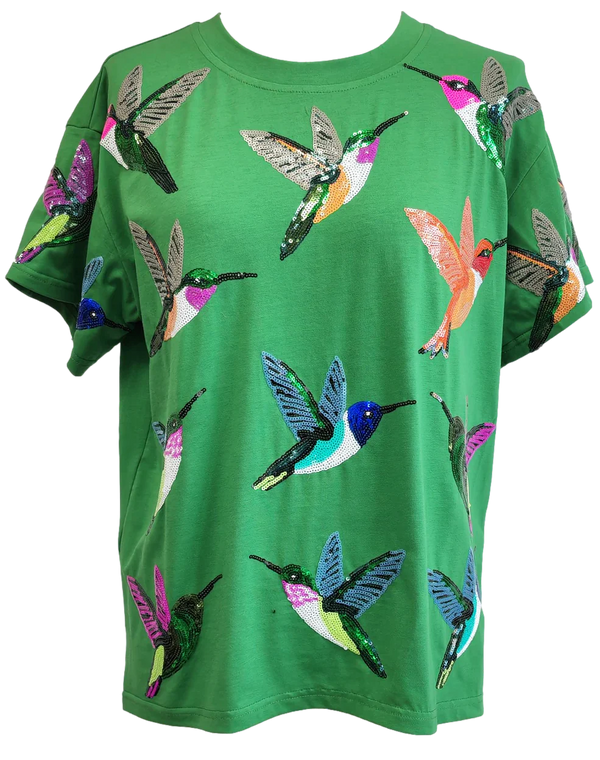 Queen Of Sparkles - T-shirt Green Hummingbird Sequin Tee